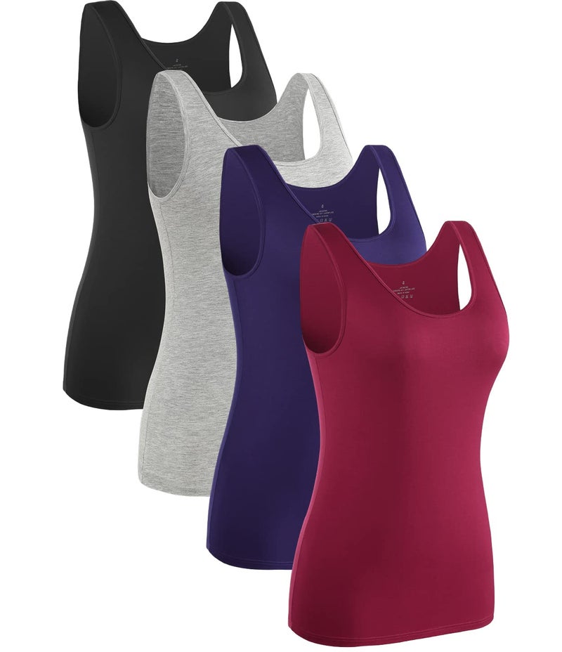 Rosyline 4 Piece Women Tank Tops Basic Sleeveless Undershirt Layering Tanks Black/Grey/Dark Blue/Wine Red XL - Image 1
